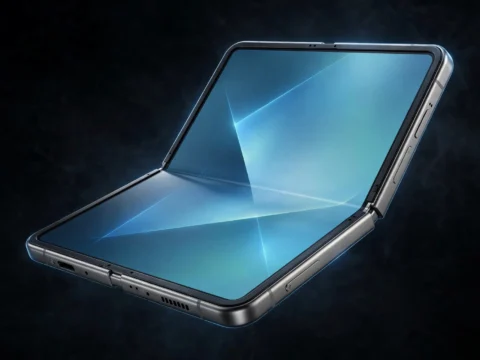 iPhone Duo foldable phone in Star White partially unfolded showing large inner display