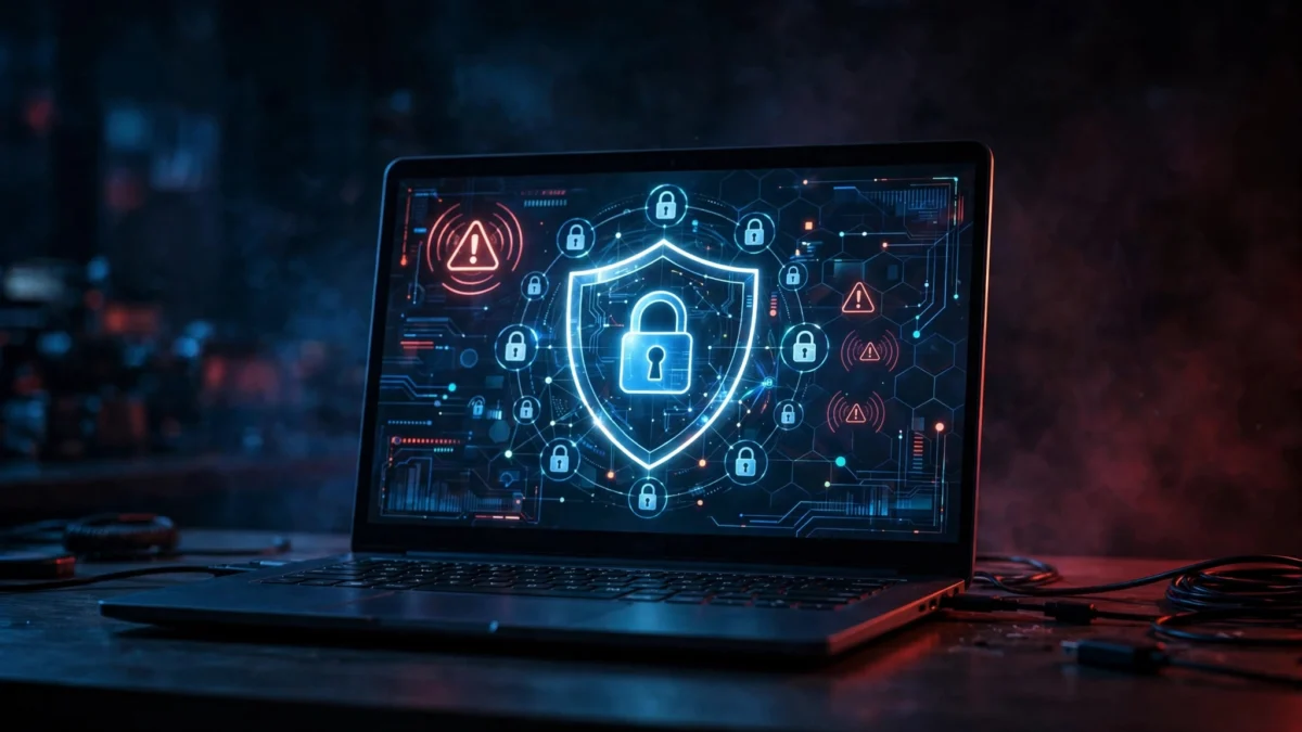 Laptop screen showing a digital shield with padlock and security alert icons in a dark room.