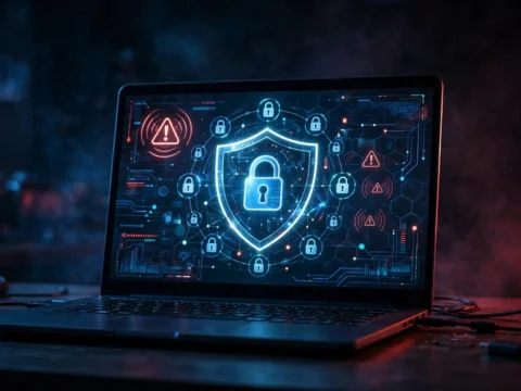 Laptop screen showing a digital shield with padlock and security alert icons in a dark room.