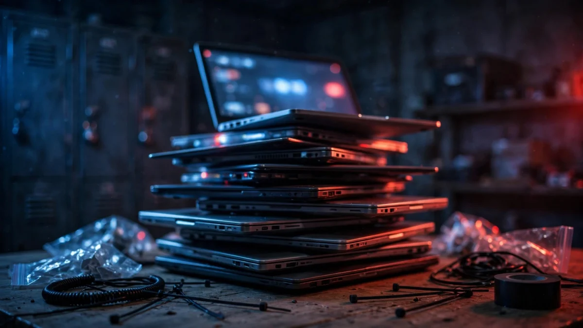 FBI evidence photo style image of seized laptops stacked on a table in a dark room