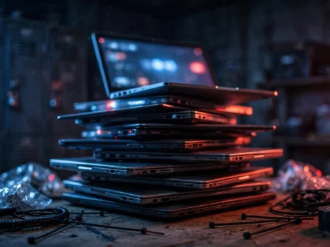 FBI evidence photo style image of seized laptops stacked on a table in a dark room