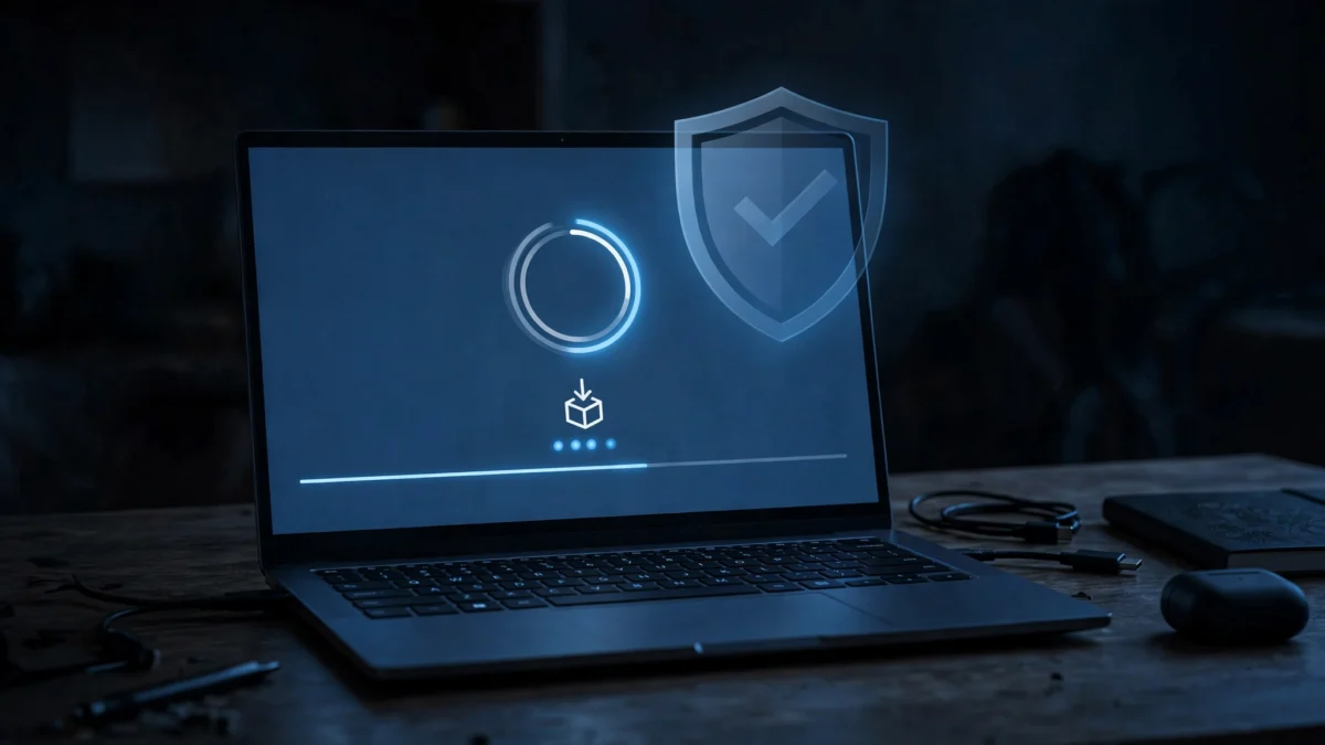 Windows Update installing the October 2026 Patch Tuesday security update on a laptop screen