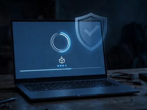 Windows Update installing the October 2026 Patch Tuesday security update on a laptop screen