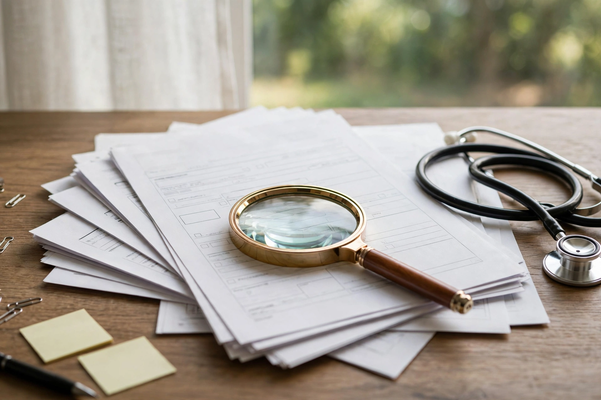 Medical Explanation of Benefits statements on a desk with a magnifying glass