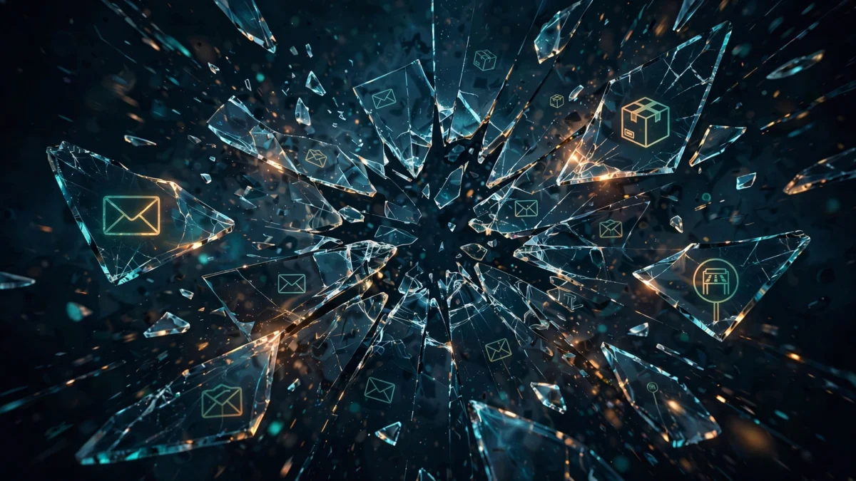 Abstract digital artwork of a shattered marketplace of glowing phishing message templates breaking apart into fragments