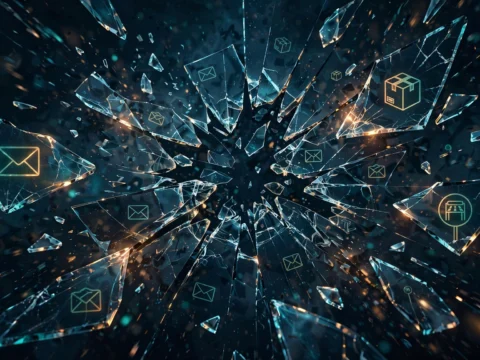 Abstract digital artwork of a shattered marketplace of glowing phishing message templates breaking apart into fragments