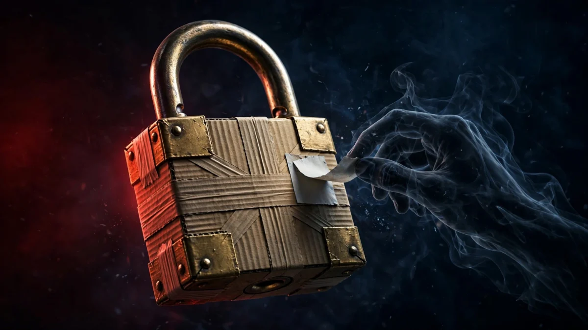 Illustration of a package registry padlock with a GitHub repository name tag being swapped by a shadowy hand