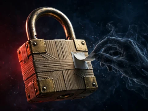 Illustration of a package registry padlock with a GitHub repository name tag being swapped by a shadowy hand