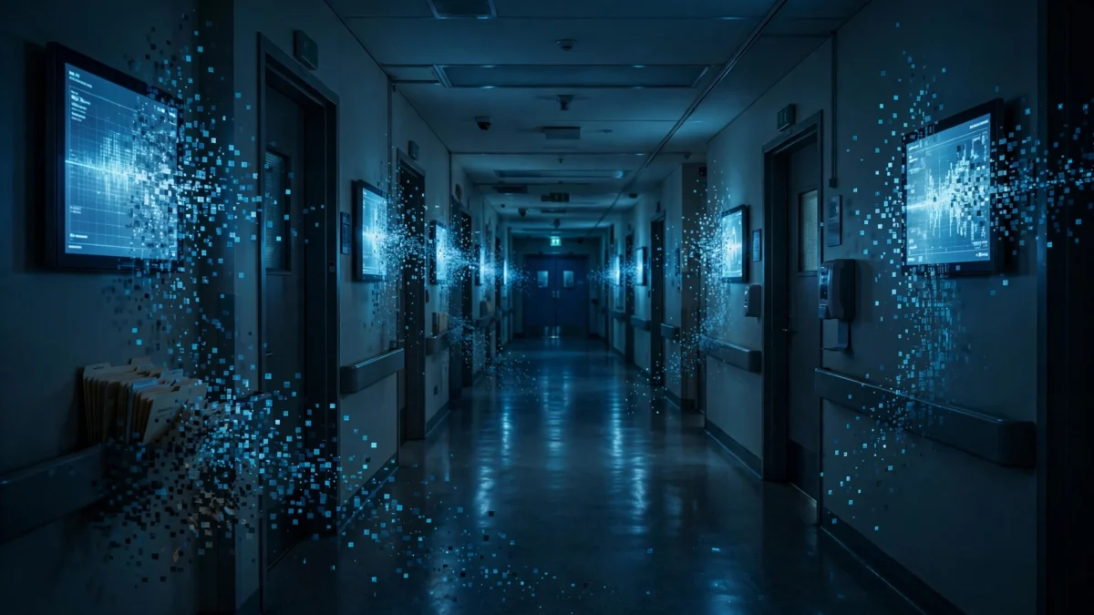 Hospital corridor with glowing patient record screens