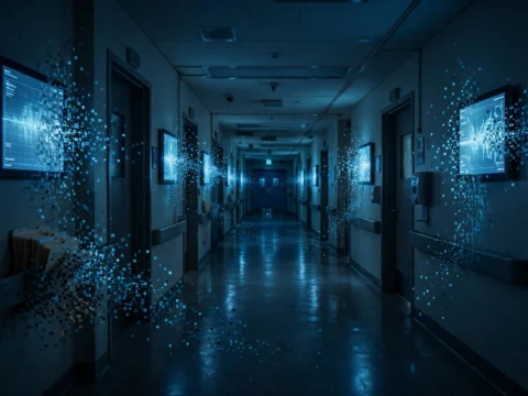 Hospital corridor with glowing patient record screens
