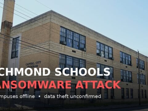 Richmond Public Schools building with a warning overlay about the ransomware attack