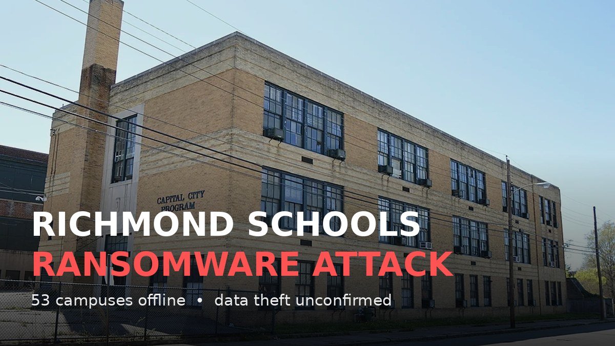 Richmond Public Schools building with a warning overlay about the ransomware attack