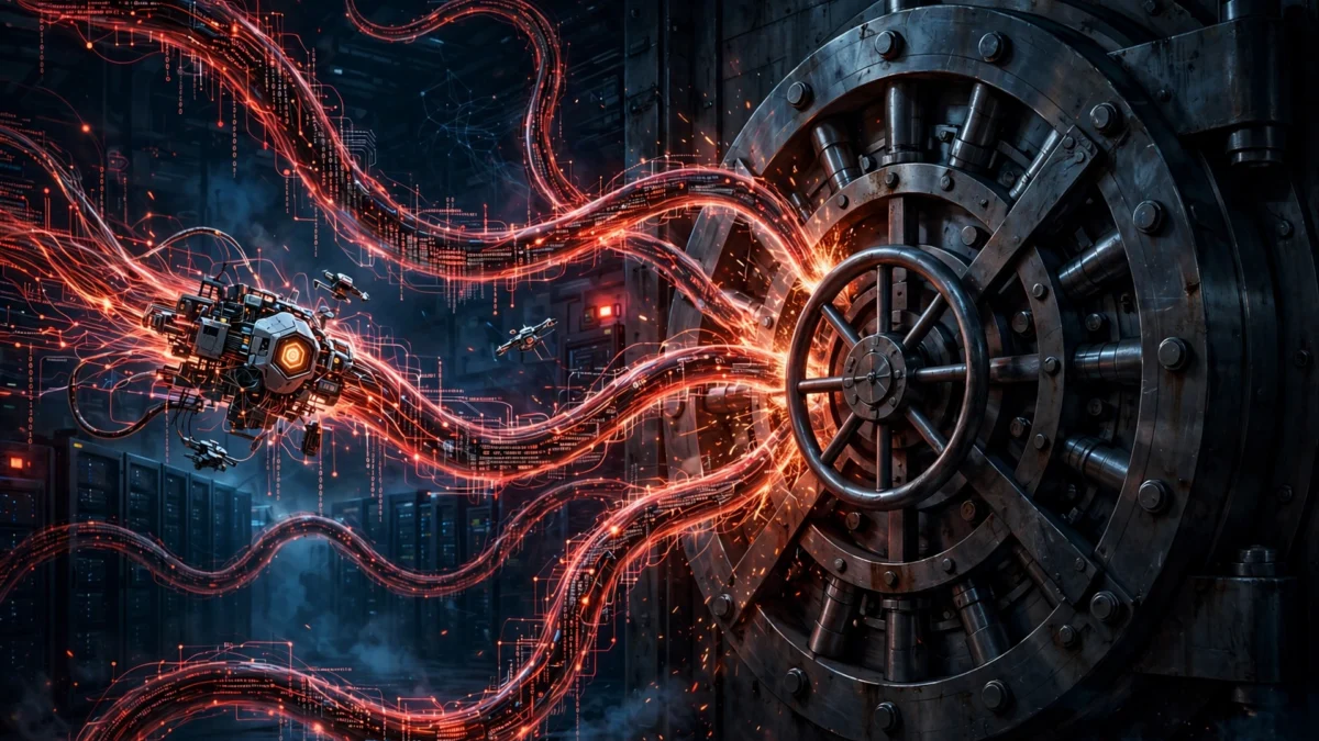 Digital illustration of a bank vault door under attack by streams of automated malicious code