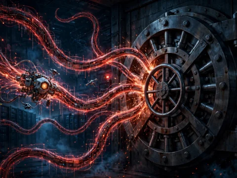 Digital illustration of a bank vault door under attack by streams of automated malicious code