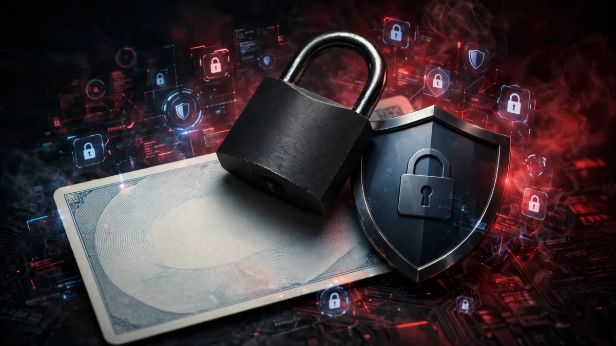Padlock and shield over a Social Security card with digital lock icons, cybersecurity illustration