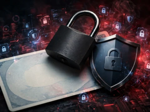 Padlock and shield over a Social Security card with digital lock icons, cybersecurity illustration