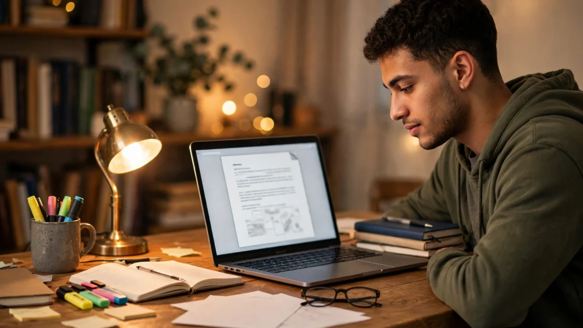 A university student studying at a desk with a laptop, notebooks, highlighters and a desk lamp