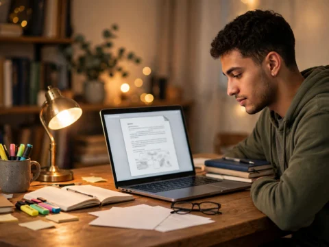 A university student studying at a desk with a laptop, notebooks, highlighters and a desk lamp