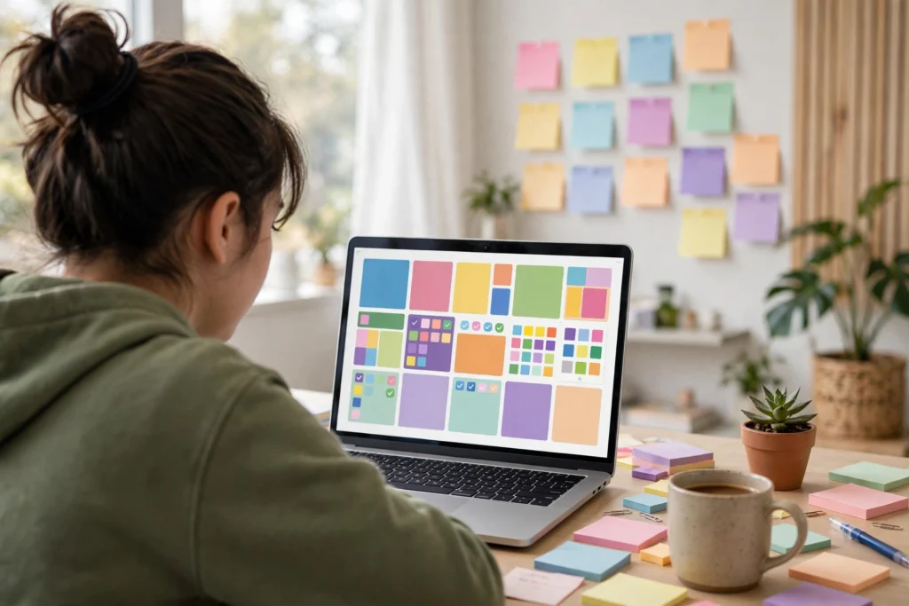 A student organizing colorful study notes and flashcards on a laptop screen