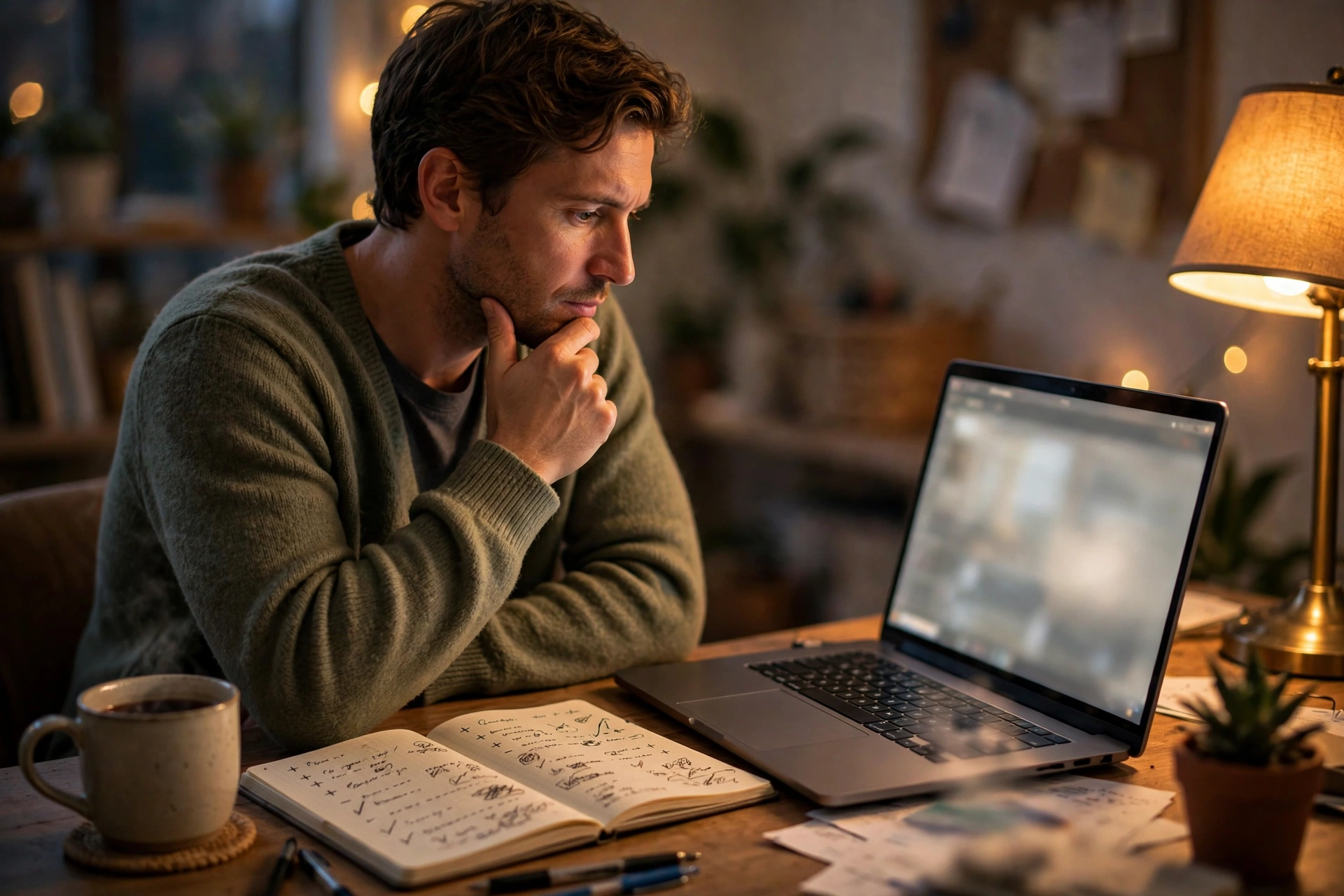 A person weighing a subscription decision on a laptop at a home office desk