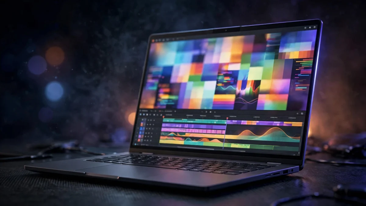 Surface Laptop Ultra on a desk with code and creative apps on screen, dark studio lighting