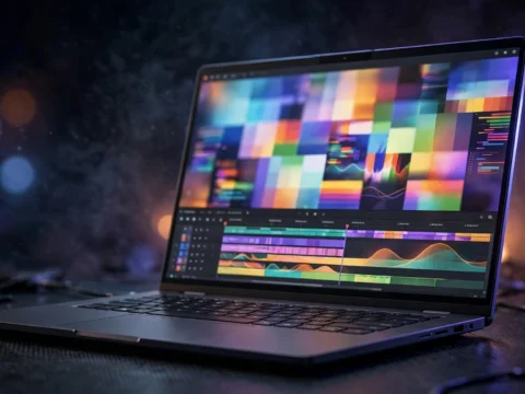Surface Laptop Ultra on a desk with code and creative apps on screen, dark studio lighting
