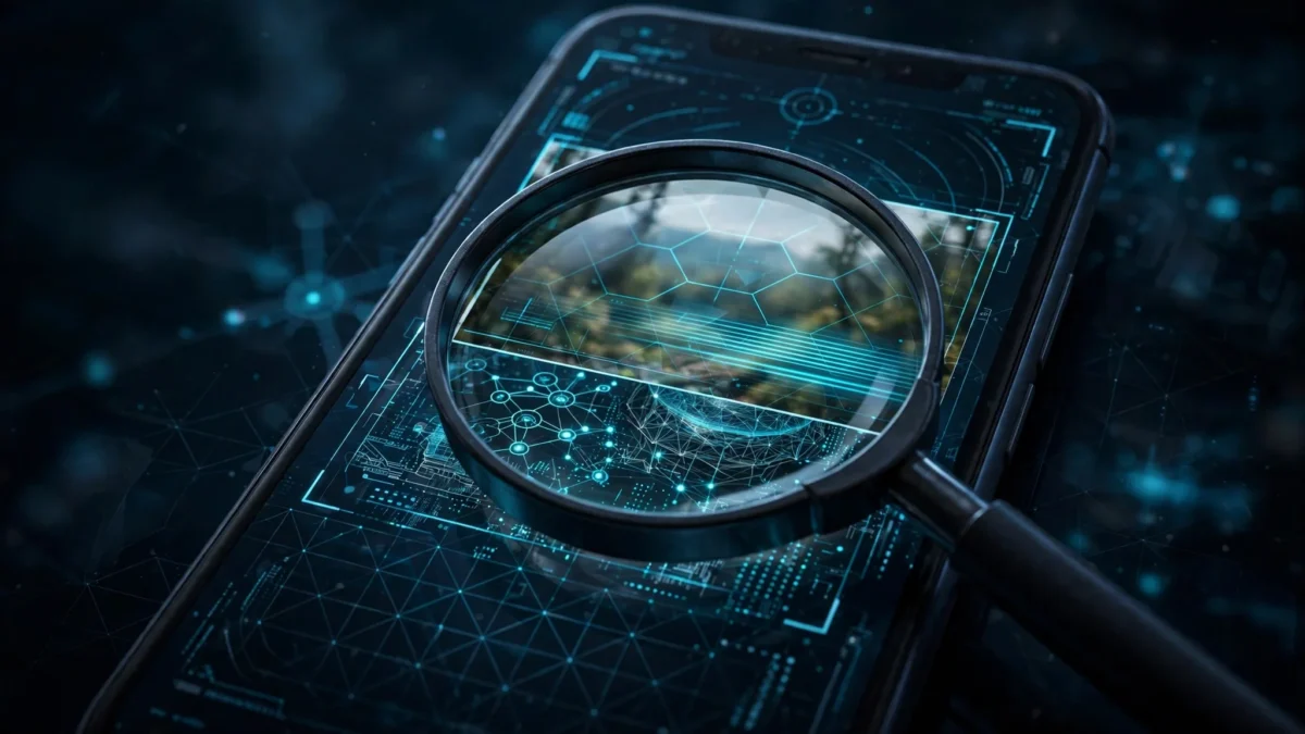 Smartphone with a magnifying glass revealing hidden scan layers on a photo, illustrating Google's SynthID Detector for checking AI-generated images.