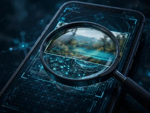 Smartphone with a magnifying glass revealing hidden scan layers on a photo, illustrating Google's SynthID Detector for checking AI-generated images.